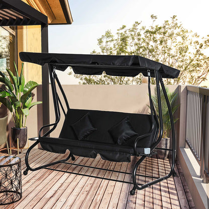 2-in-1 Garden Swing Chair for 3 Person w/ Adjustable Canopy Black