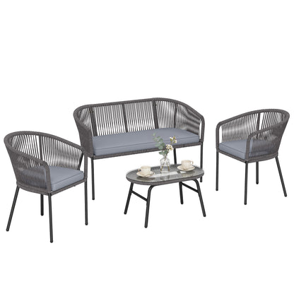 4 Piece Garden Furniture Set, Rope Woven Garden Sofa Set with 1 Loveseat, 2 Armchairs, Tempered Glass Coffee Table, Outdoor Conversation Furniture with Cushions for Patio, Dark Grey