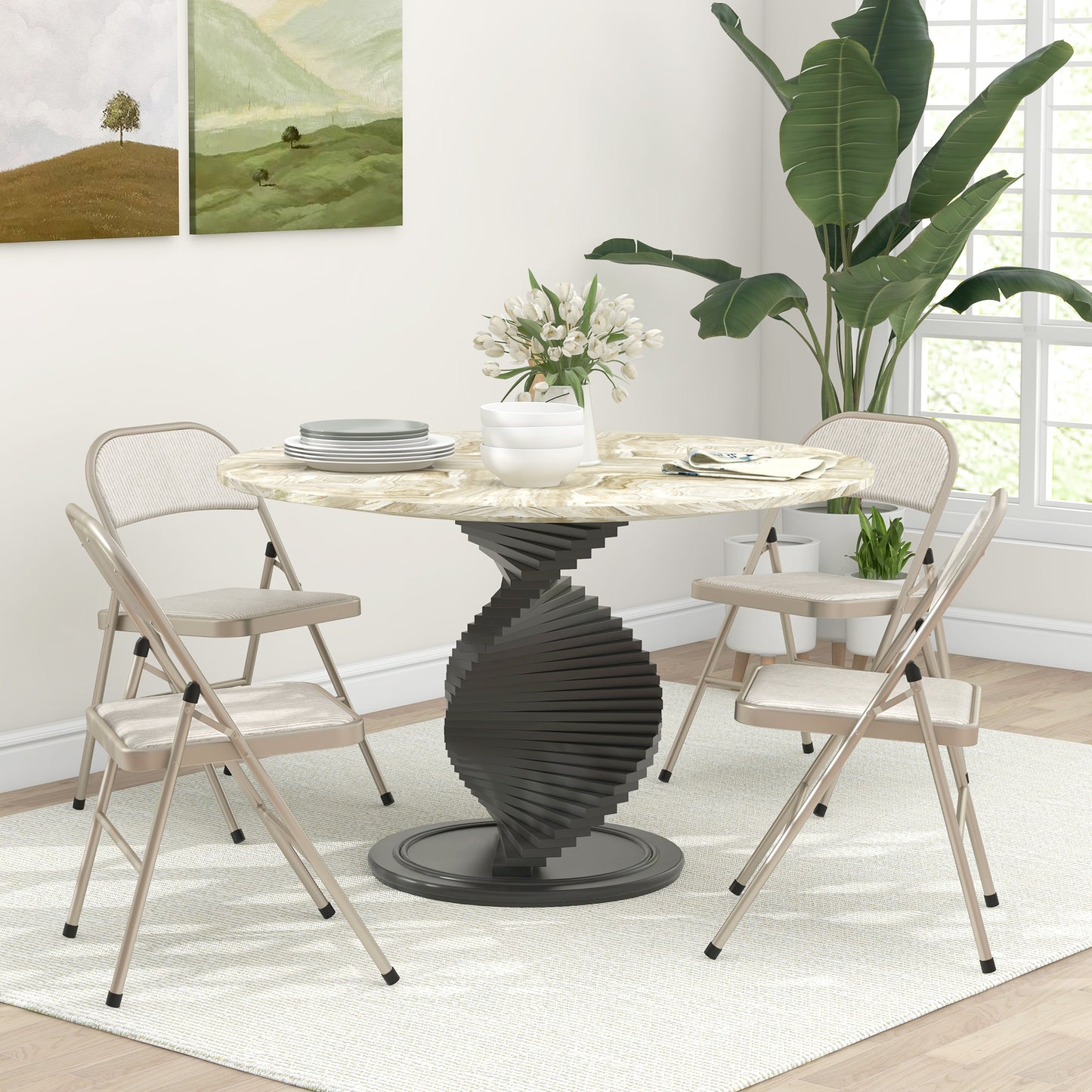 4 Pack Linen-Look Padded Folding Chairs with Cushioned Seat Beige