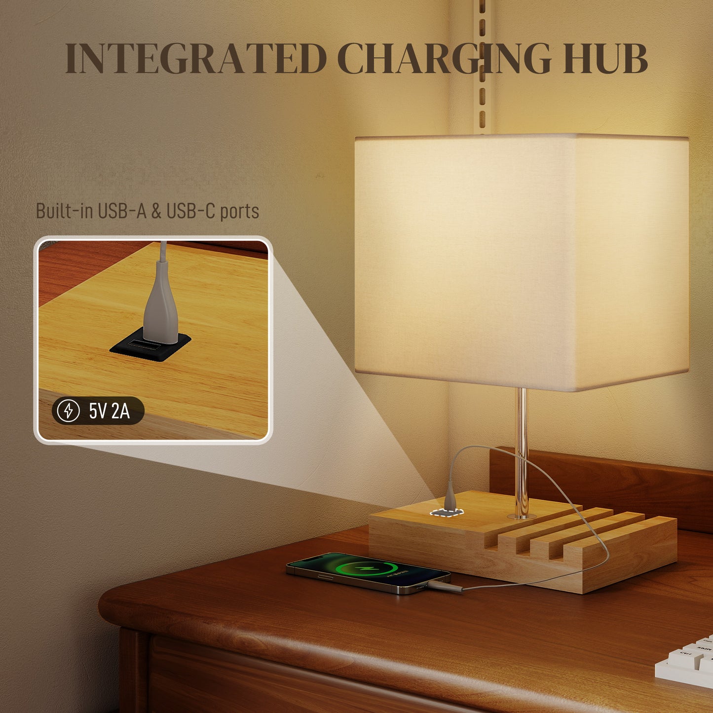 Table Lamp with 3 Slots, Bedside Lamp with Solid Wood Base, White