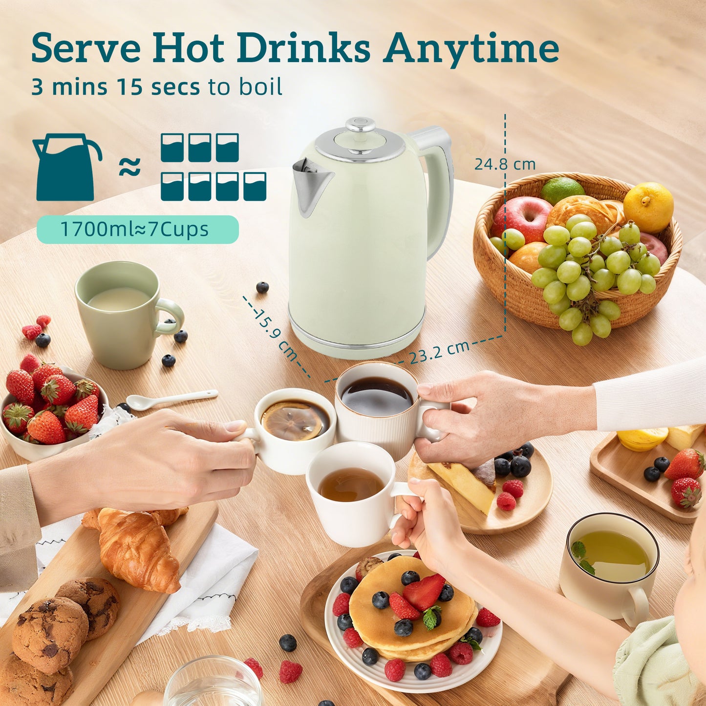 1.7L 3000W Kettle and 2 Slice Toaster with Keep Warm Memory Function