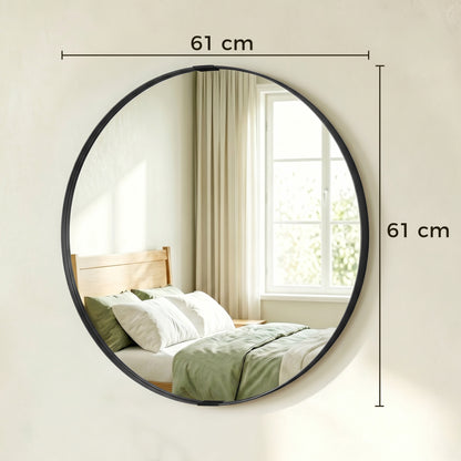 Round Wall Mirror 61 cm, Wall Mounted Bathroom Mirror with Tempered Safety Glass and Aluminium Alloy Frame for Living Room, Bedroom, Entryway, Home, Black