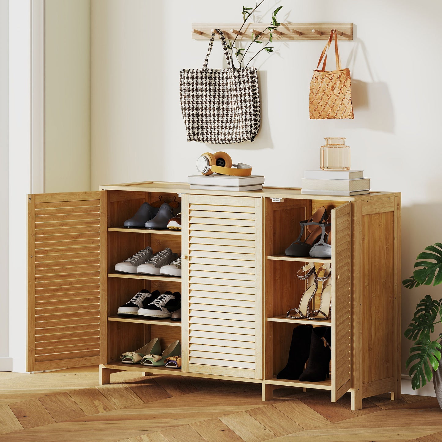 Bamboo Shoe Cabinet with Louvered Doors 18 Pairs Shoe Storage Cabinet