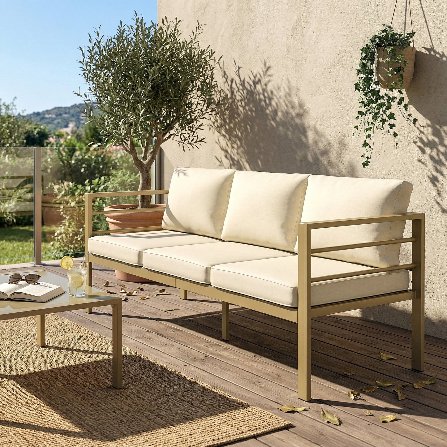 Garden Bench with Cushions, Outdoor Furniture, Cream White