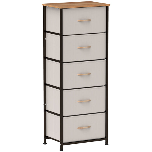 5 Drawer Fabric Chest of Drawers w/ Wooden Top for Hallway Cream