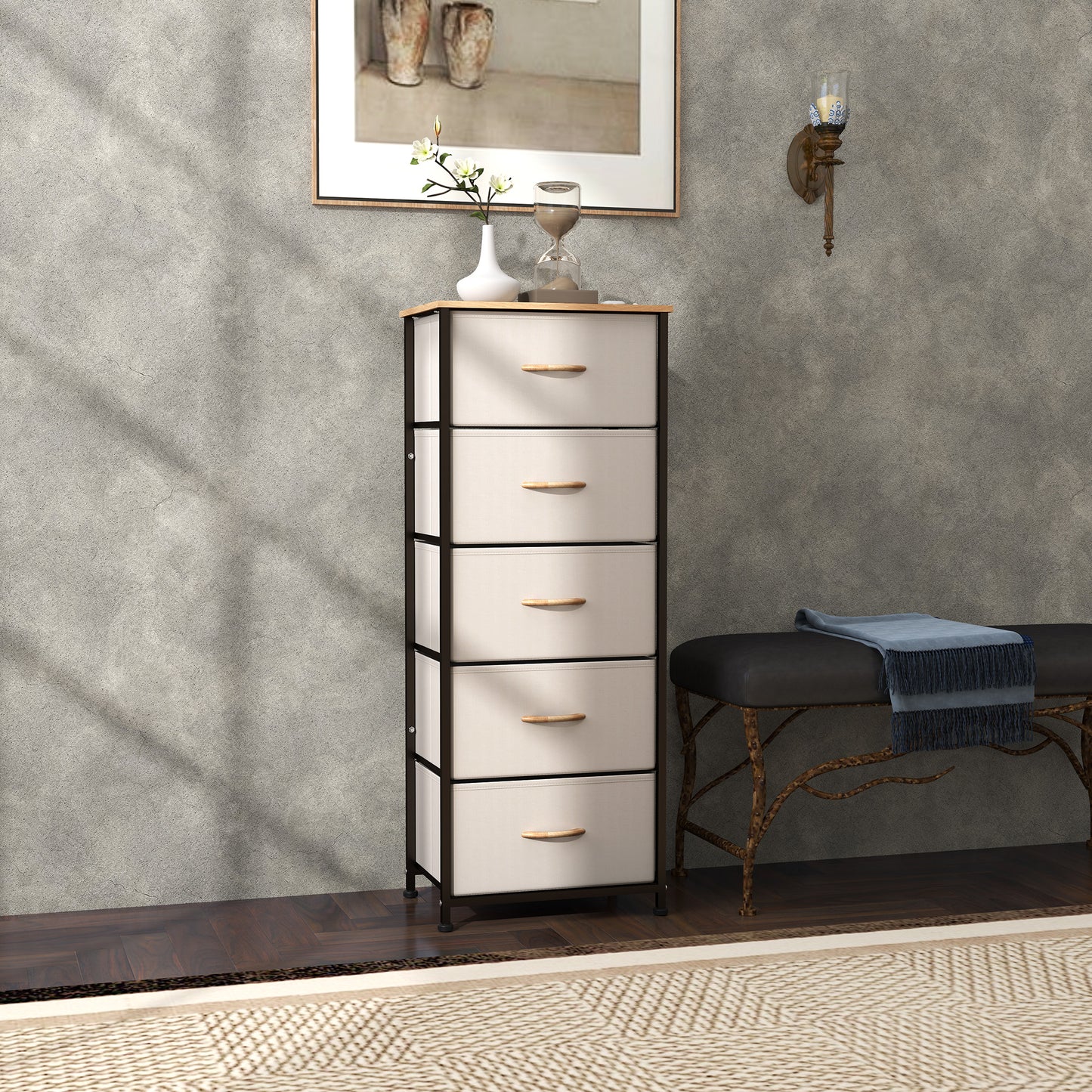 5 Drawer Fabric Chest of Drawers w/ Wooden Top for Hallway Cream