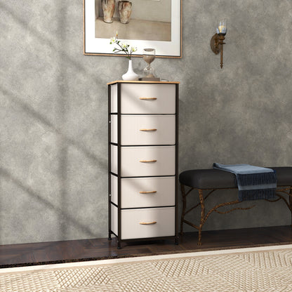 5 Drawer Fabric Chest of Drawers w/ Wooden Top for Hallway Cream