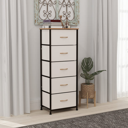 5 Drawer Fabric Chest of Drawers w/ Wooden Top for Hallway Cream