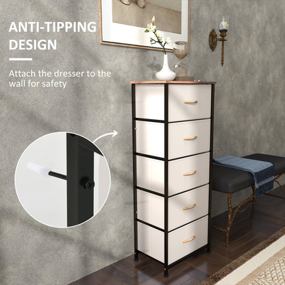 5 Drawer Fabric Chest of Drawers w/ Wooden Top for Hallway Cream