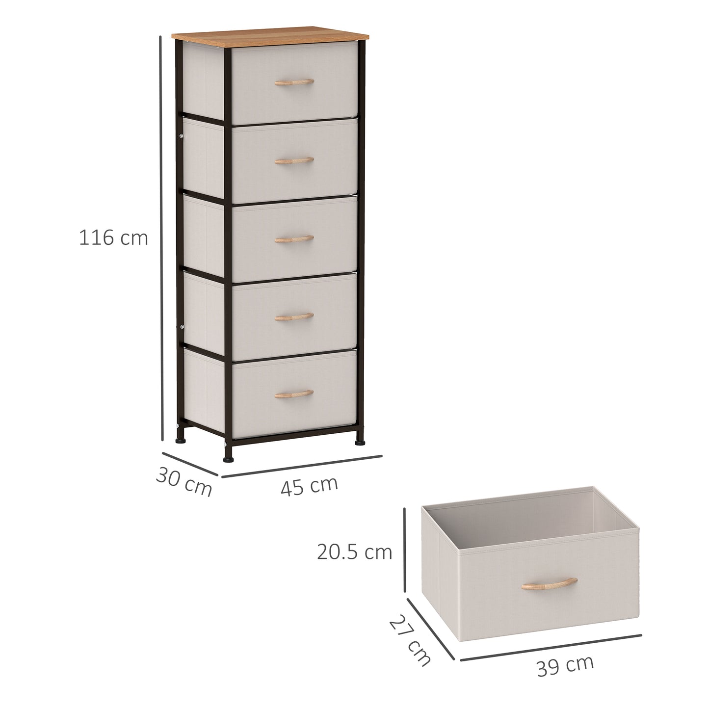 5 Drawer Fabric Chest of Drawers w/ Wooden Top for Hallway Cream