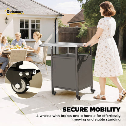 Outdoor Grill Cart with Cabinet, Food Prep Table on Wheels, Brown