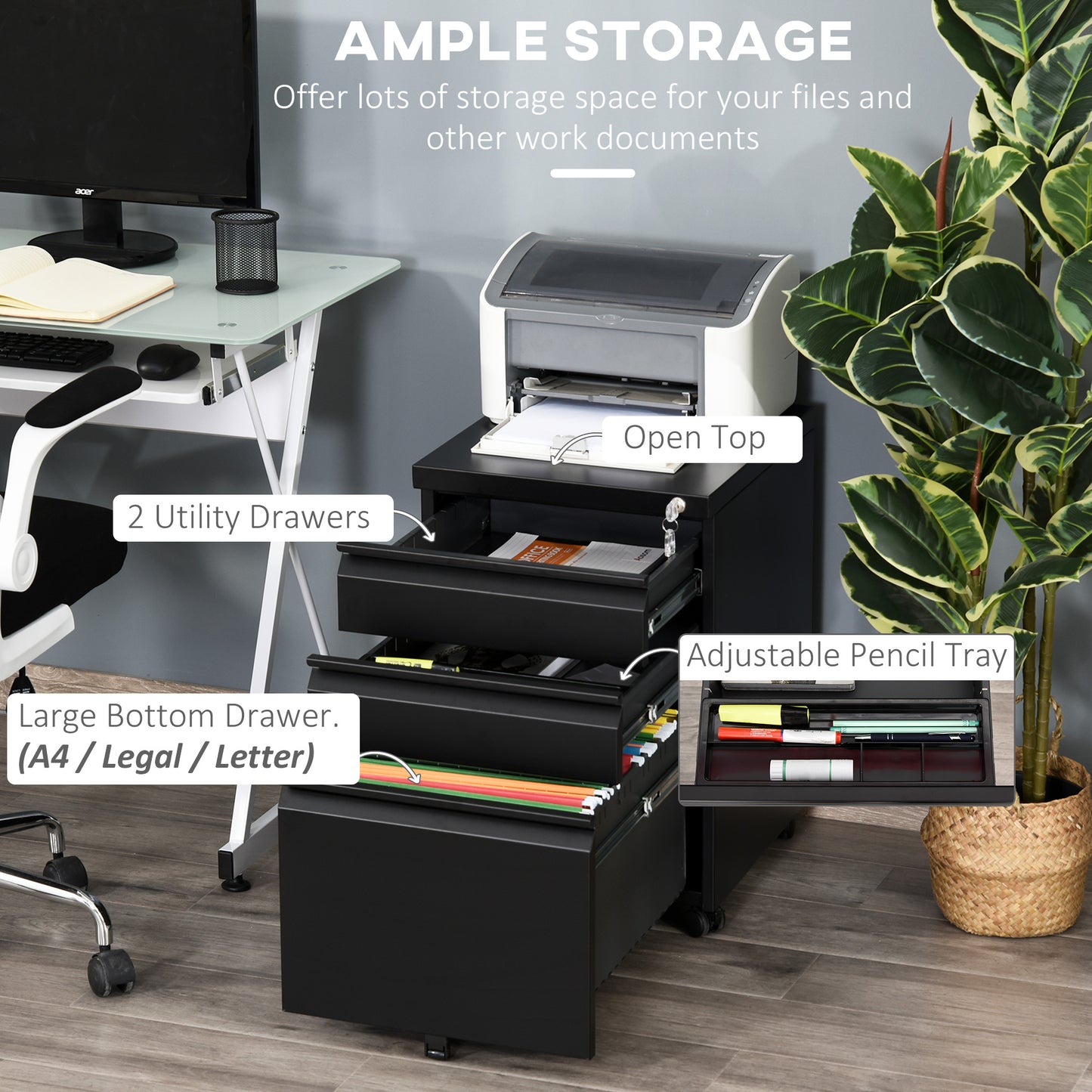 3 Drawer Vertical File Cabinet Lockable Metal Filling Cabinet Black
