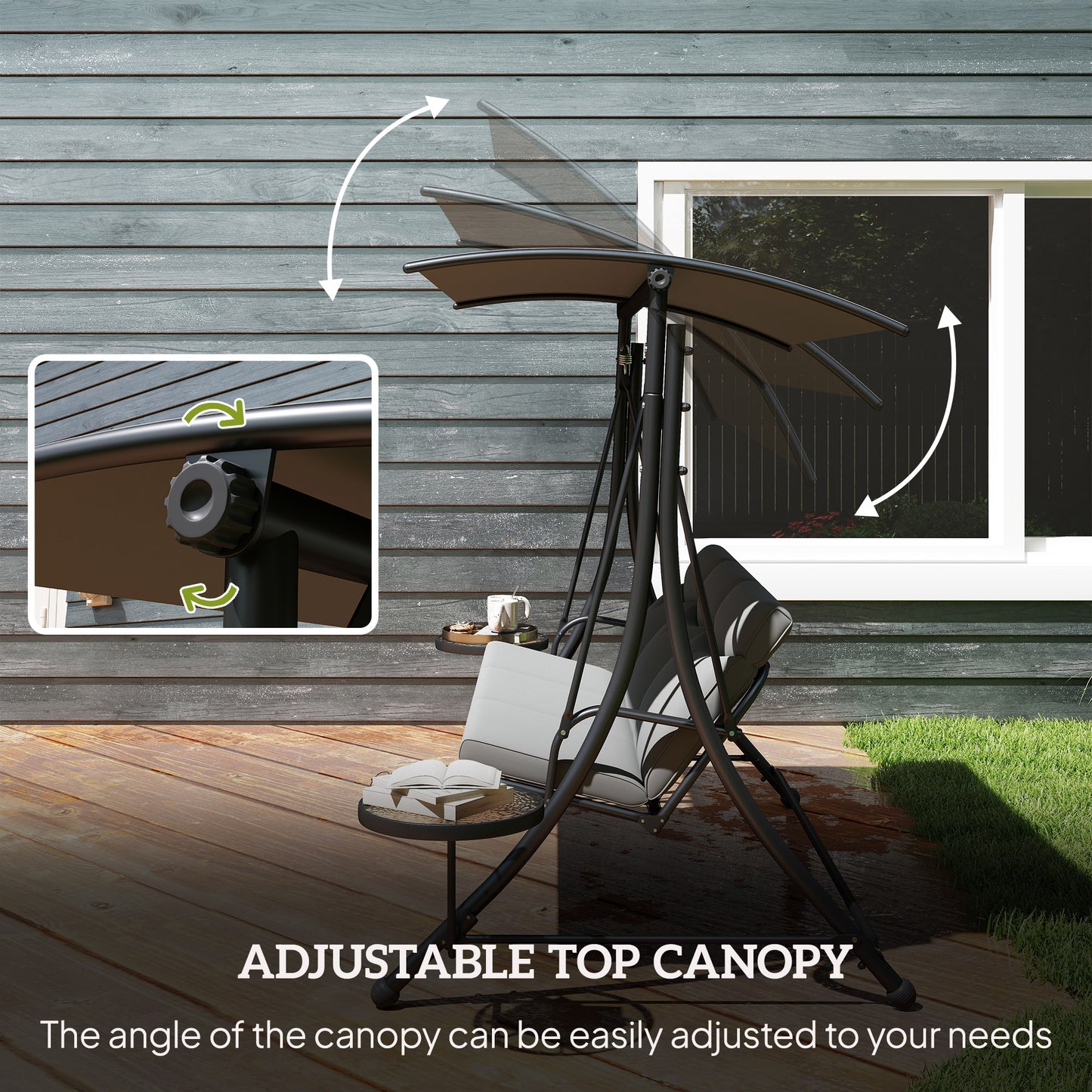 3 Seat Garden Swing Chair Steel w/ Adjustable Canopy and Coffee Tables