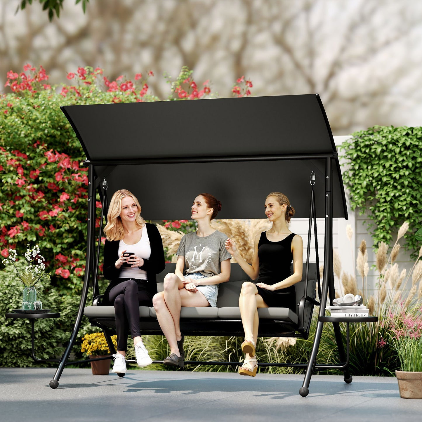 3 Seat Garden Swing Chair Steel w/ Adjustable Canopy and Coffee Tables