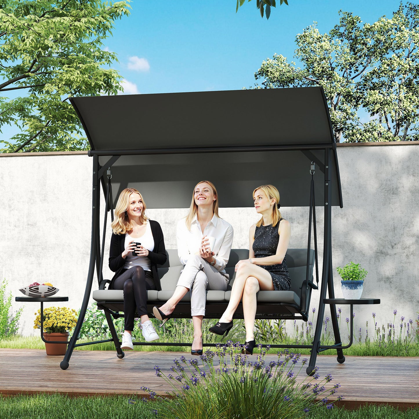 3 Seat Garden Swing Chair Steel w/ Adjustable Canopy and Coffee Tables