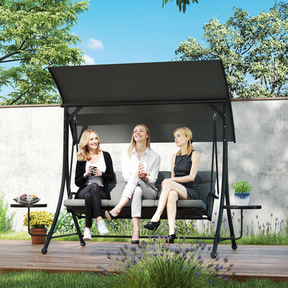 3 Seat Garden Swing Chair Steel w/ Adjustable Canopy and Coffee Tables