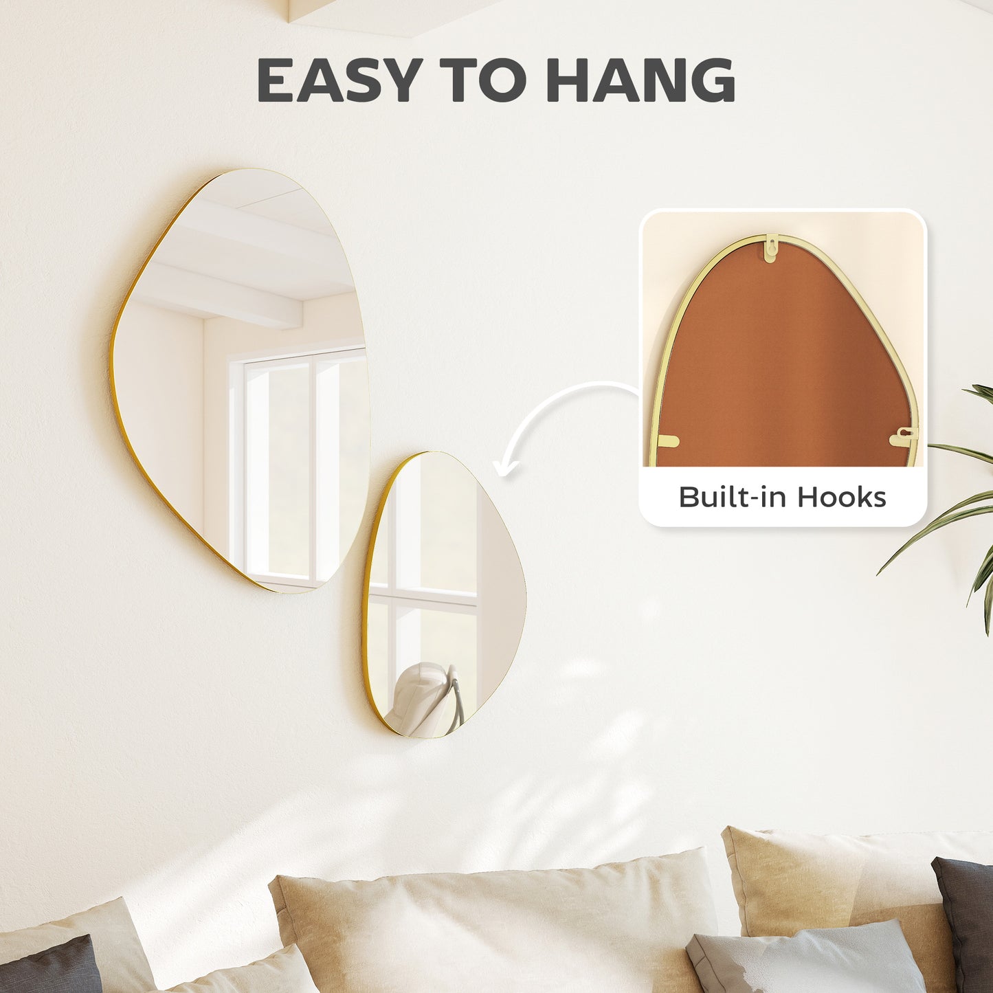 Pebble-Shaped Decorative Mirror, Set of 2 Wall Mirror, Gold Tone