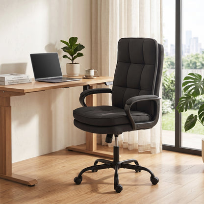 Executive Office Chair, Fabric Computer Desk Chair with Dual-Layer Padding, High Back, Silent Swivel Wheels, Armrest, Height Adjustable, Rocking Function for Home, Black