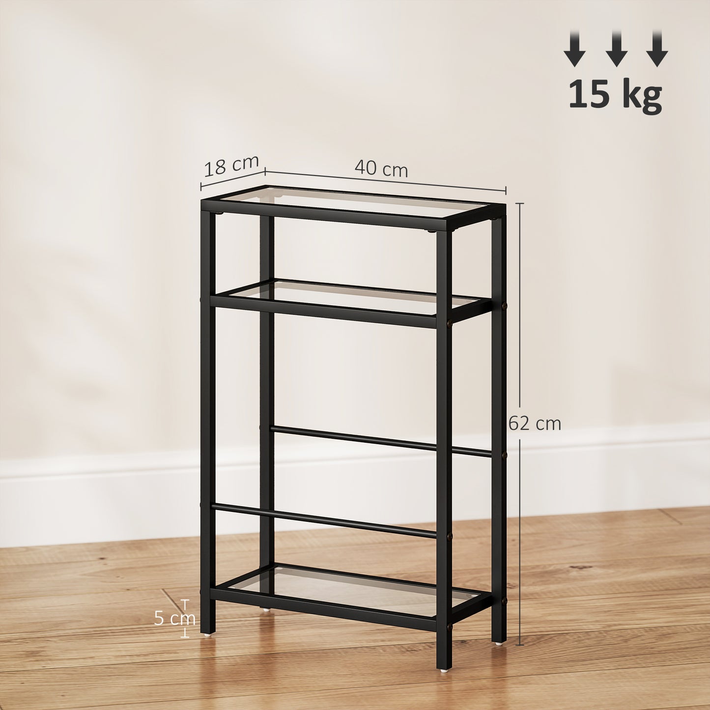 Slim Side Table, End Table with Tempered Glass Tabletop, Black