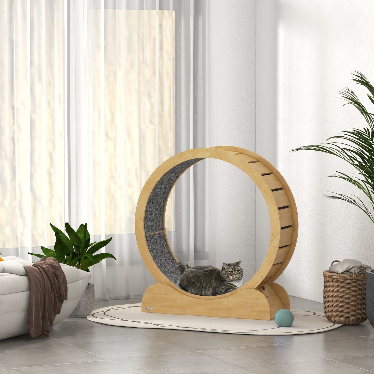 Cat Treadmill, 39.4" Wooden Cat Running Wheel with Brake, Natural