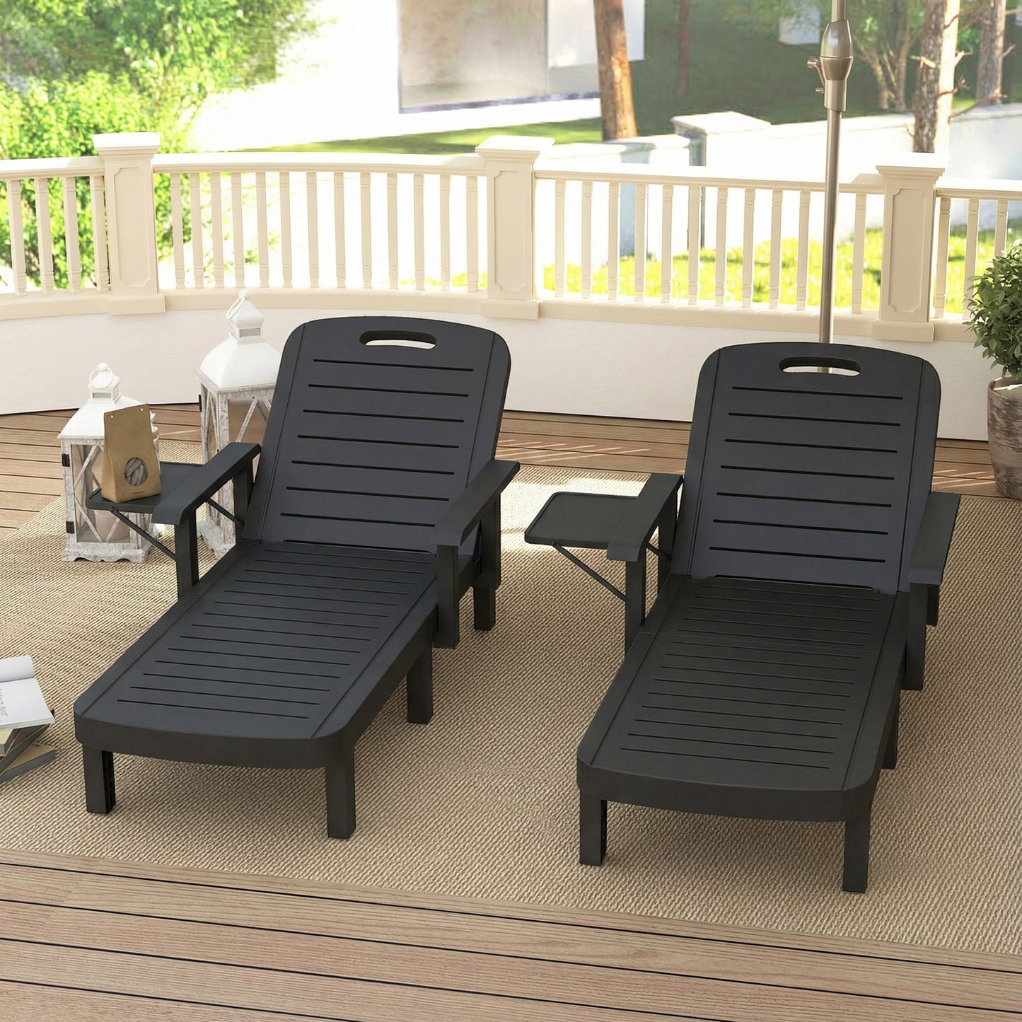 Set of 2 Resin Reclining Sun Loungers for Garden, Black