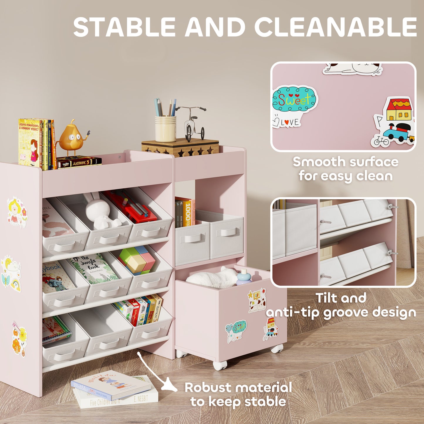 Kids Toy Storage Unit with 11 Fabric Bins, 3 Stickers, Pink