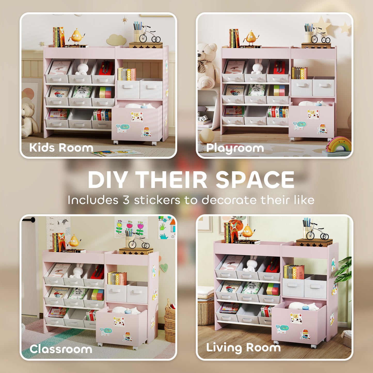 Kids Toy Storage Unit with 11 Fabric Bins, 3 Stickers, Pink