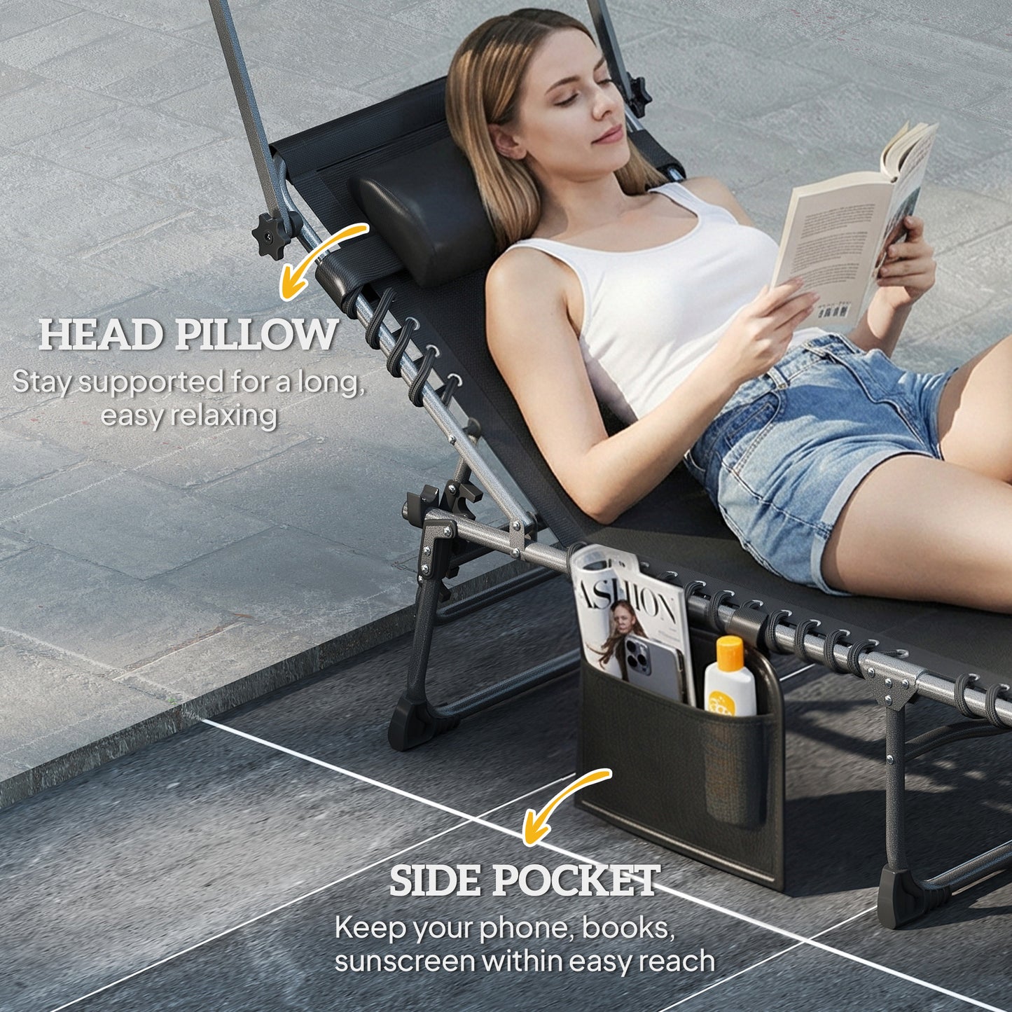 Folding Sun Lounger, Sunbed with Canopy, Light Grey