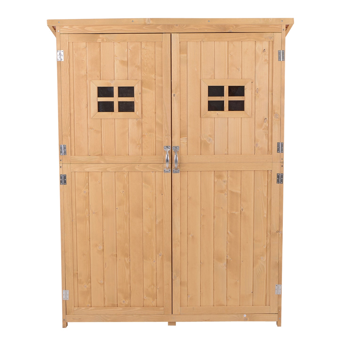 Wooden Garden Storage Shed Tool Cabinet Organiser with Shelves, Two Windows- Natural