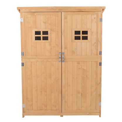 Wooden Garden Storage Shed Tool Cabinet Organiser with Shelves, Two Windows- Natural