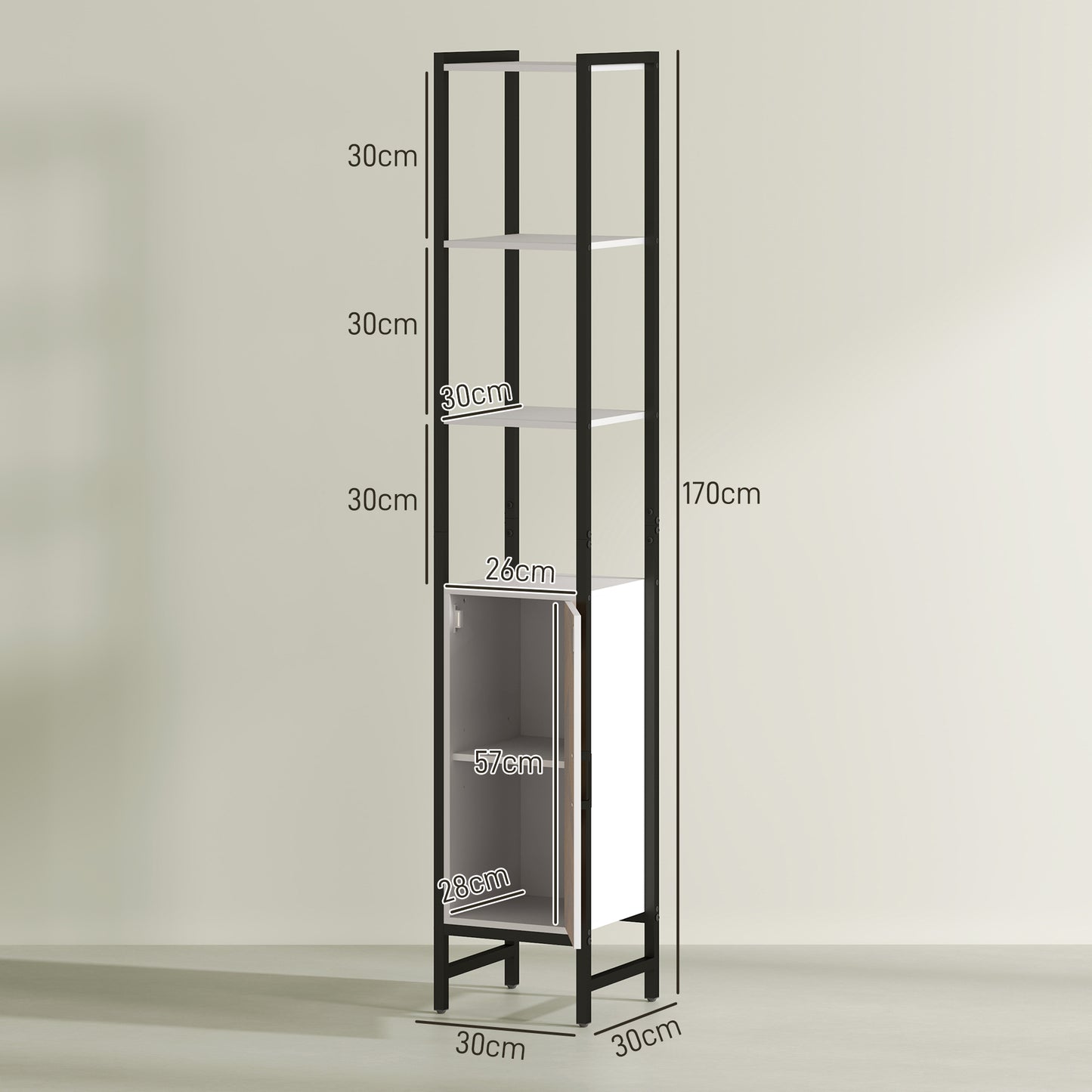 Tall Bathroom Storage Cabinet with 3 Shelves, 30 x 30 x 170 cm, White