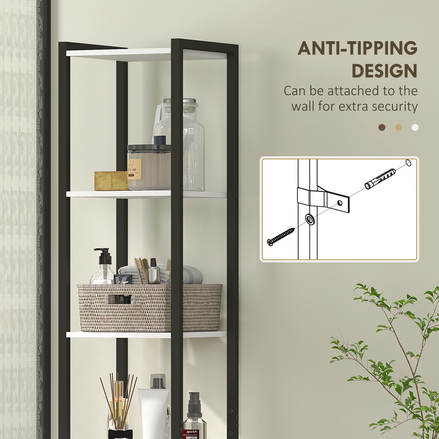 Tall Bathroom Storage Cabinet with 3 Shelves, 30 x 30 x 170 cm, White