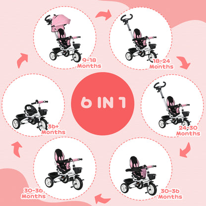 6 in 1 Trike for Toddler 1-5 Years with Parent Handle, Pink