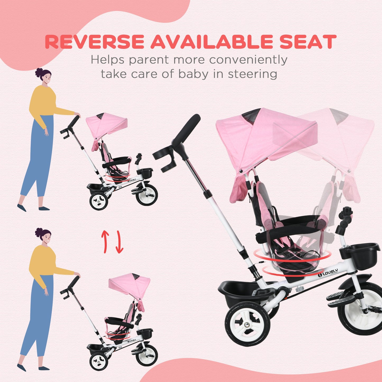 6 in 1 Trike for Toddler 1-5 Years with Parent Handle, Pink