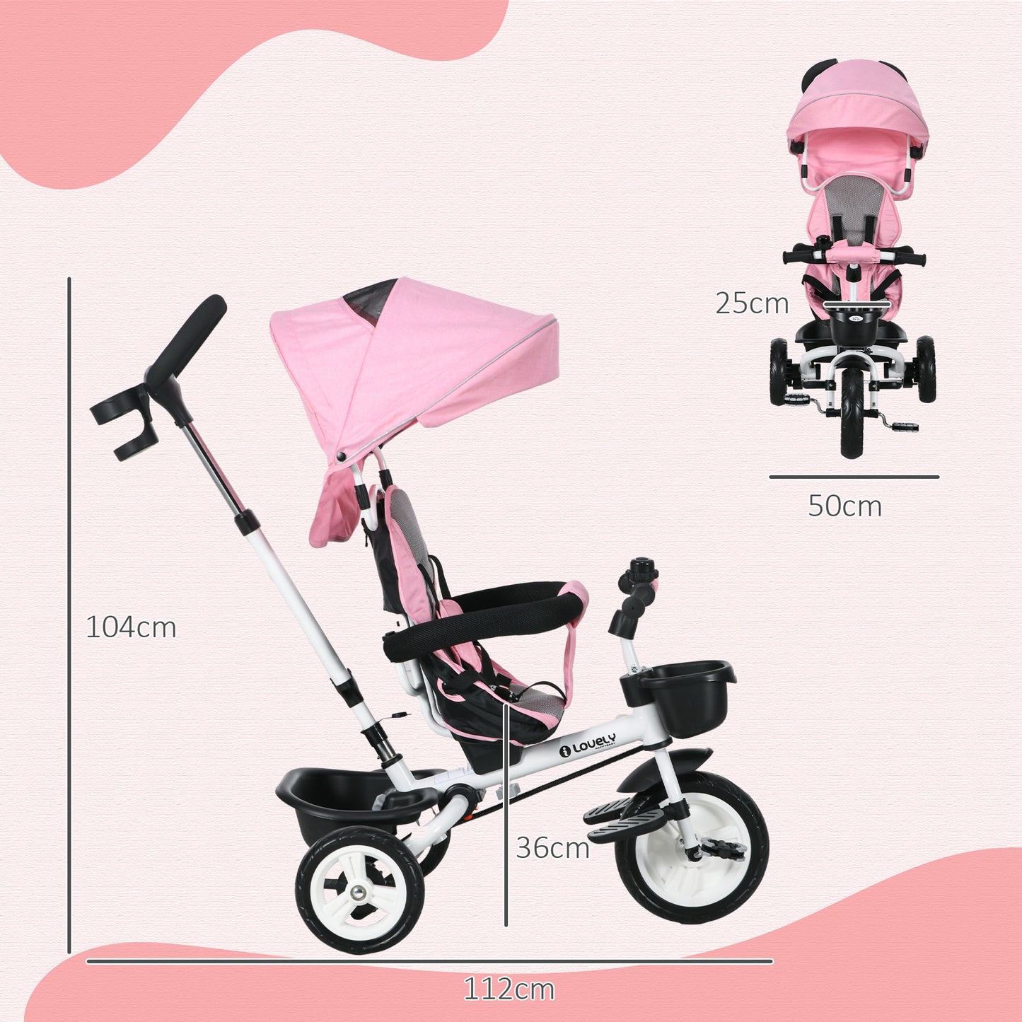 6 in 1 Trike for Toddler 1-5 Years with Parent Handle, Pink