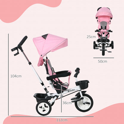 6 in 1 Trike for Toddler 1-5 Years with Parent Handle, Pink