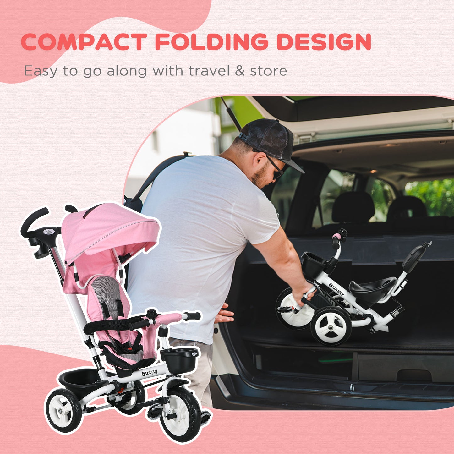 6 in 1 Trike for Toddler 1-5 Years with Parent Handle, Pink