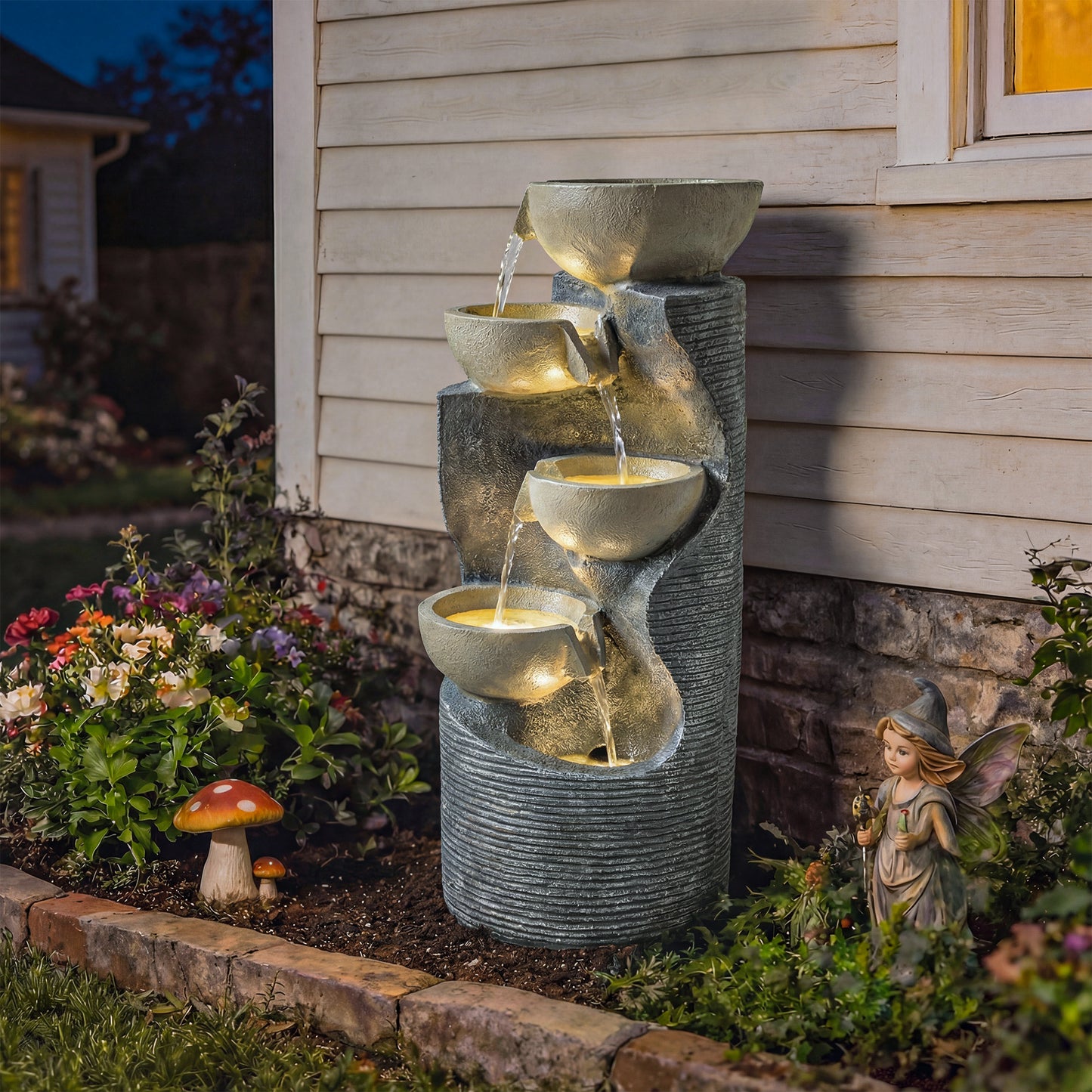 5 Tier Garden Water Feature, Outdoor Water Fountain with LED Lights