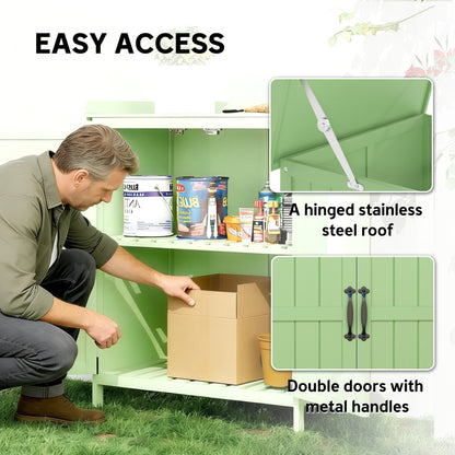 Wooden Garden Storage Shed w/Hinged Roof and Shelf, Light Green