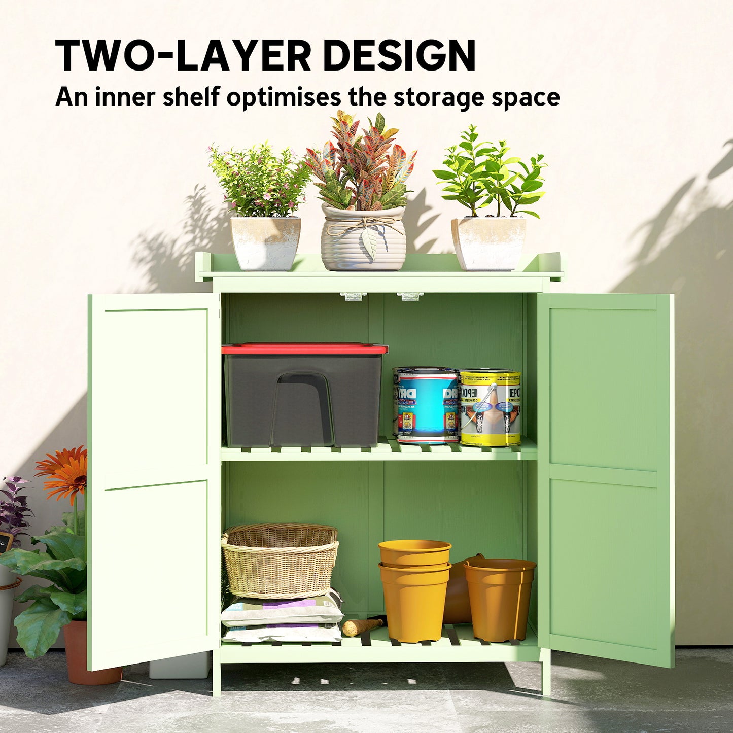 Wooden Garden Storage Shed w/Hinged Roof and Shelf, Light Green