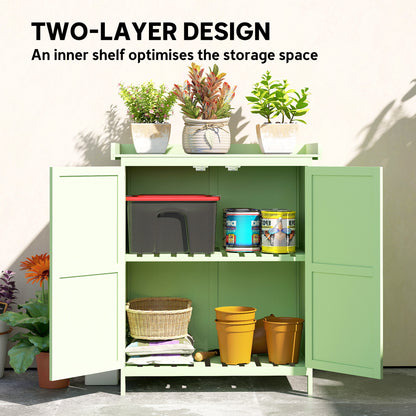 Wooden Garden Storage Shed w/Hinged Roof and Shelf, Light Green