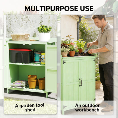 Wooden Garden Storage Shed w/Hinged Roof and Shelf, Light Green