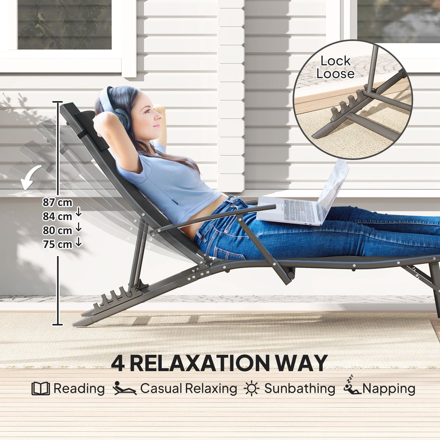 Set of 2 Garden Sun Loungers, Folding Chaise Lounge Chairs, Black