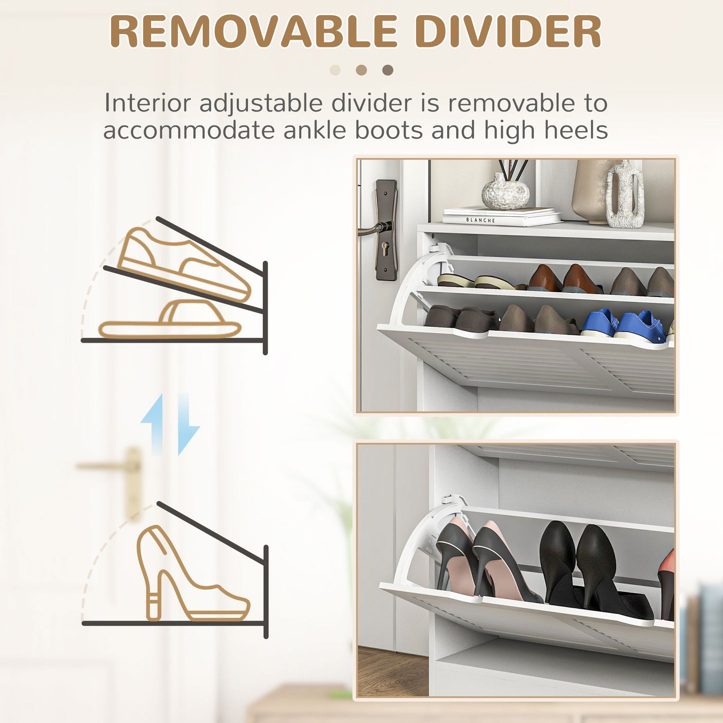 Slim Shoe Storage Cabinet with 2 Flip Drawers for Entryway, White