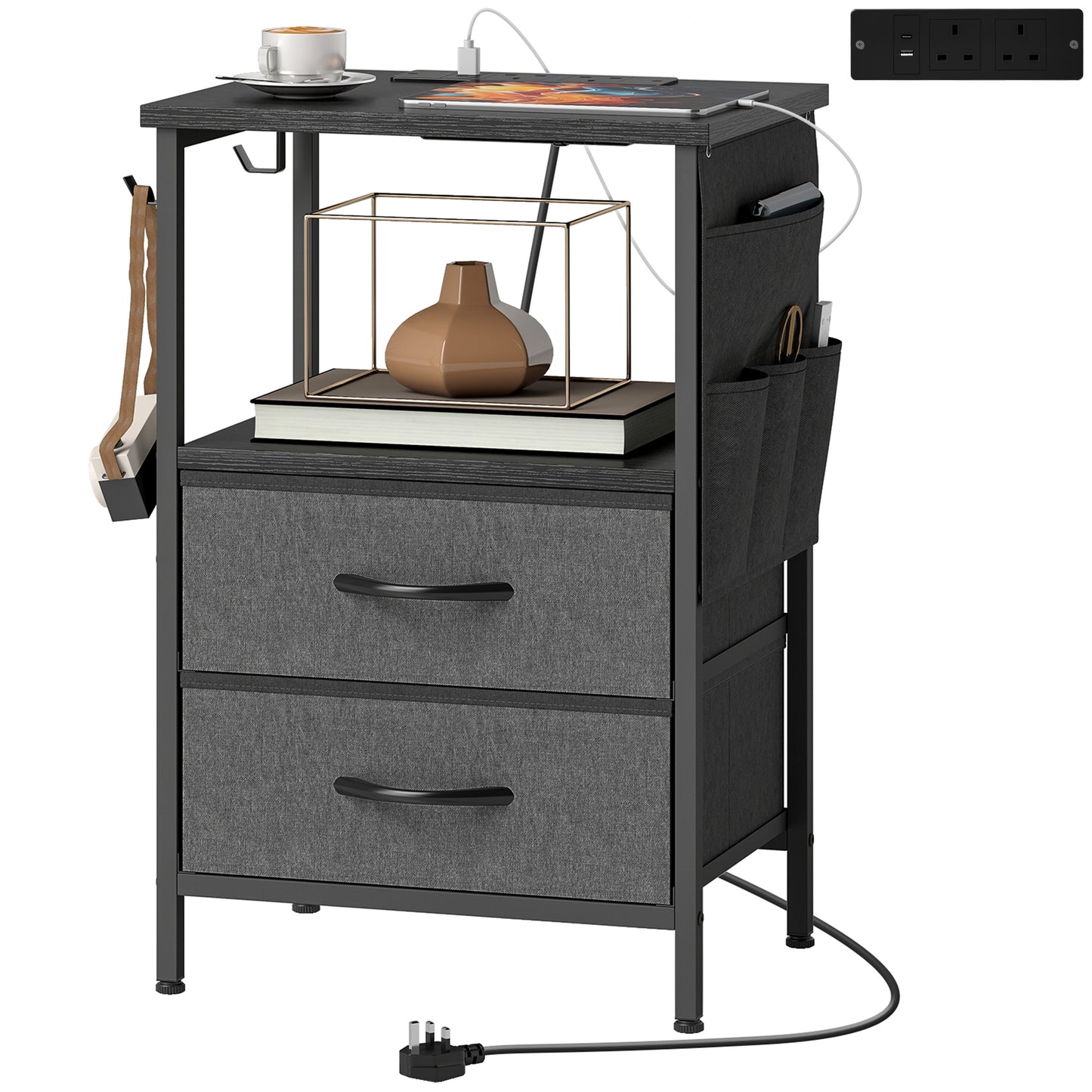 Slim Side Table with Charging Station, Bedside Table, Black