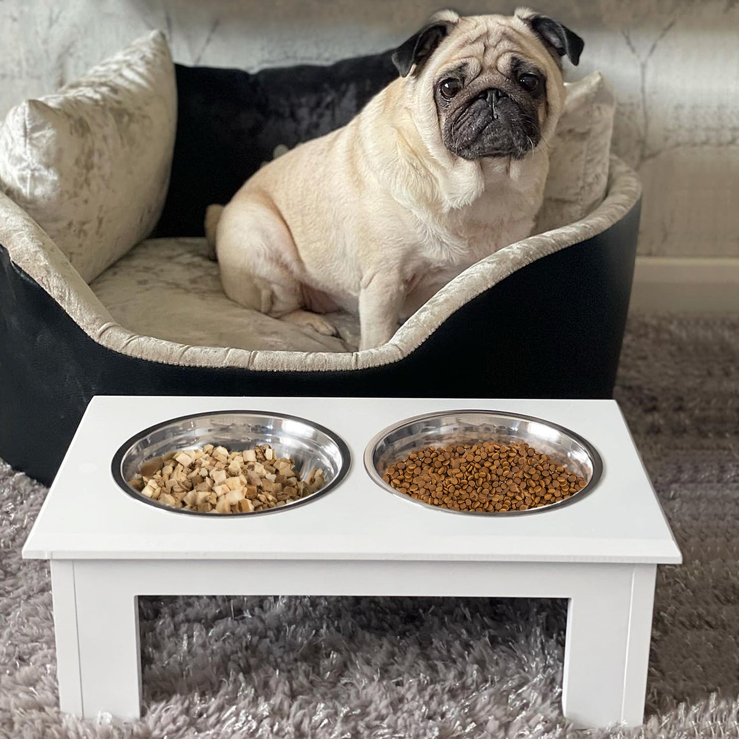 Stainless Steel Raised Dog Feeding Bowls with Stand Elevated Twin Pet Bowls Water Food Feeder 43.7L x 24W x 15H cm - White