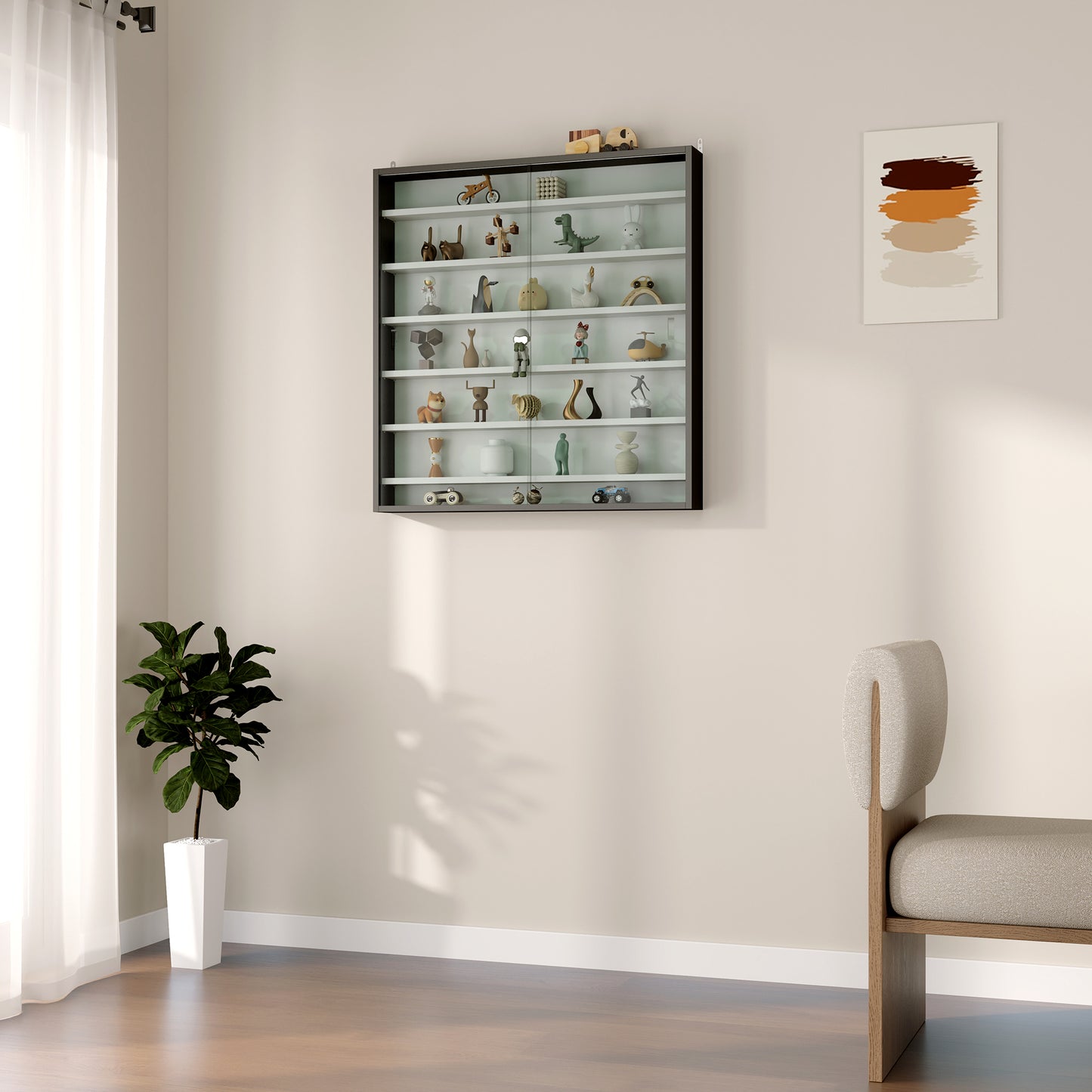 7-Tier Wall Display Cabinet w/ Shelves Glass Doors, Black and White