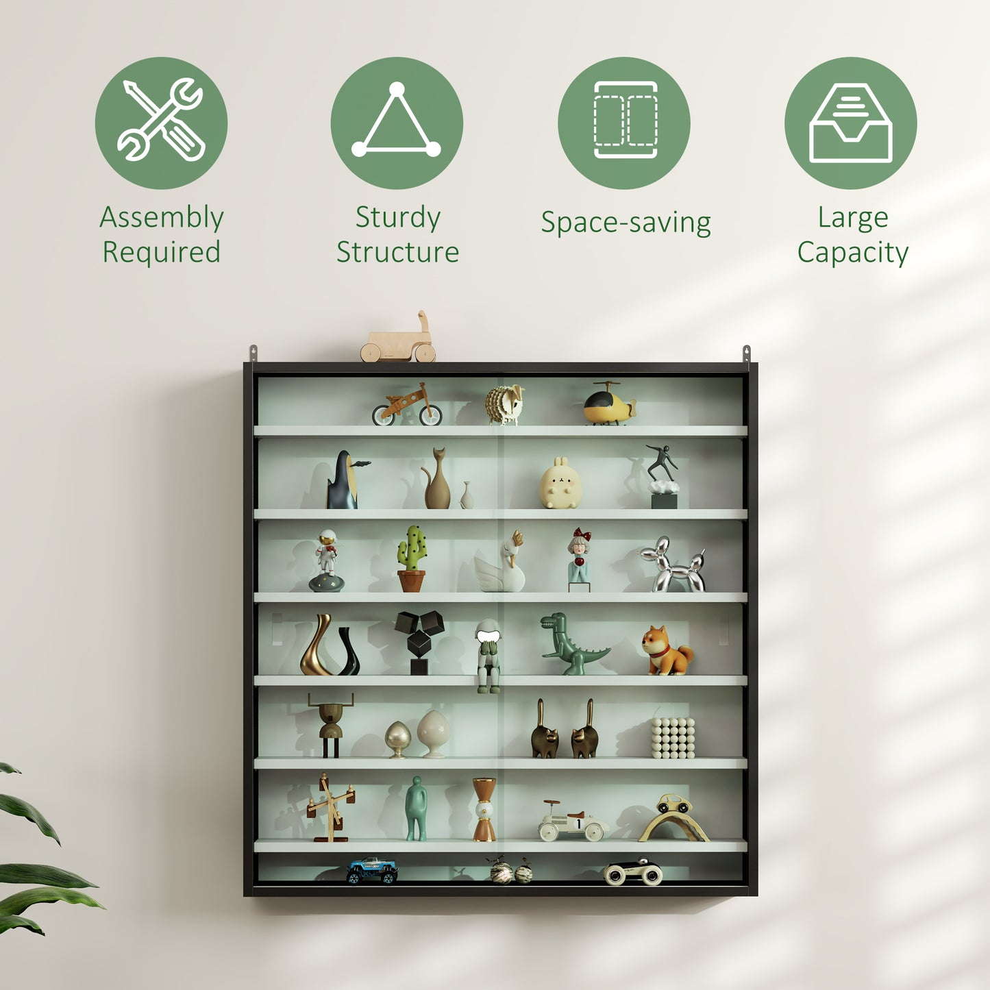7-Tier Wall Display Cabinet w/ Shelves Glass Doors, Black and White