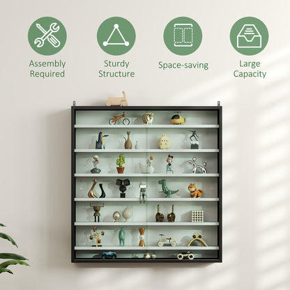 7-Tier Wall Display Cabinet w/ Shelves Glass Doors, Black and White