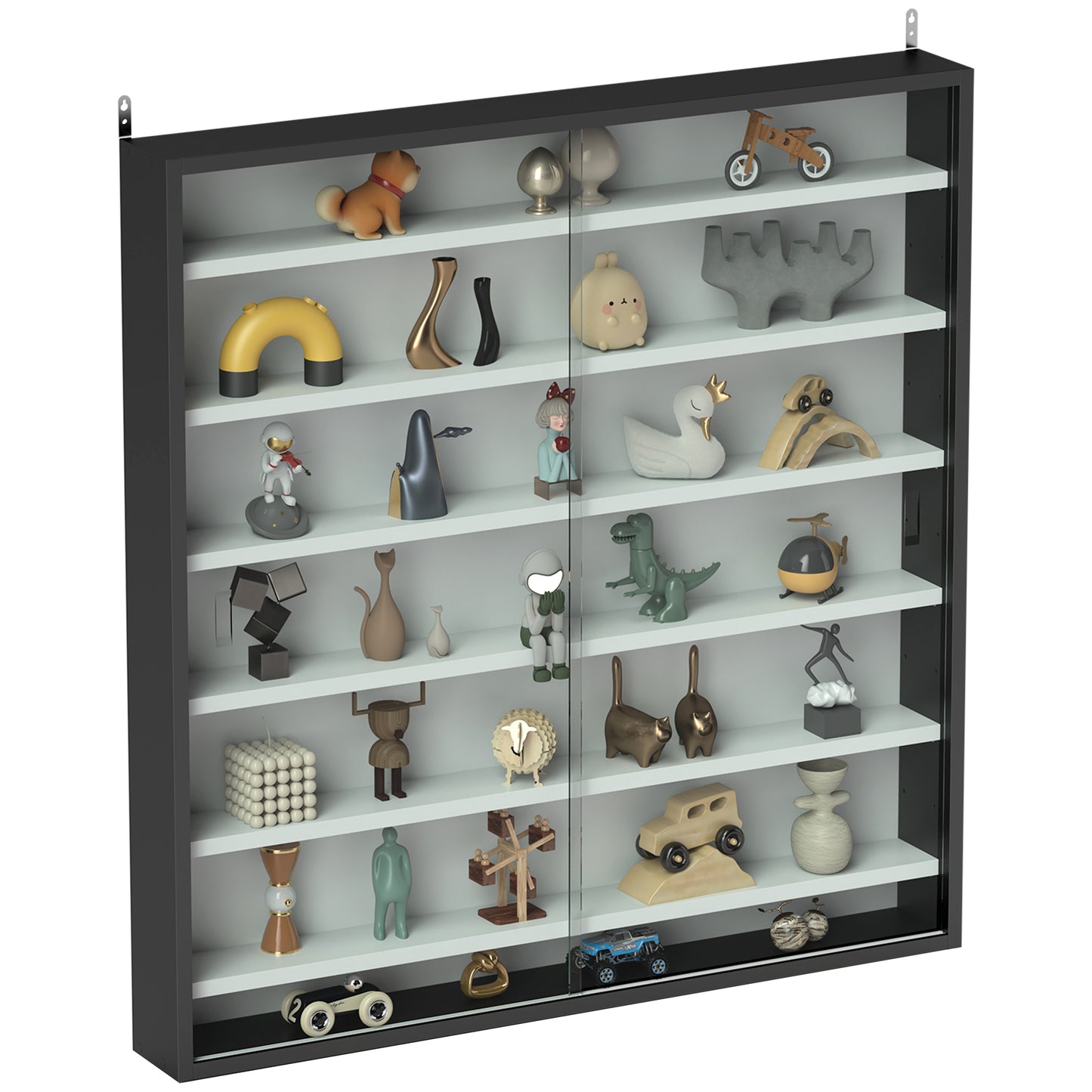 7-Tier Wall Display Cabinet w/ Shelves Glass Doors, Black and White